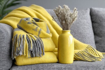 Cozy living room setup with yellow blankets and vase of dried flowers on a gray couch