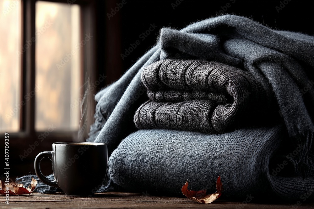 Poster cozy indoor setting with soft blankets and a steaming cup by a window on a chilly afternoon