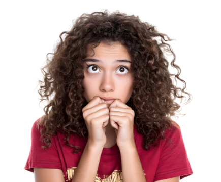 Curly-haired girl bites her nails, looking upwards with wide eyes, displaying anxiety or fear, set against a dark background.