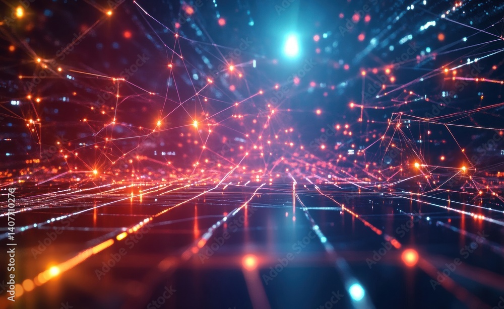 Poster futuristic cyber network and artificial intelligence abstract art with neon lights and digital flow