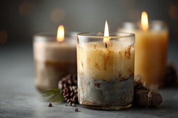 Decorative candles with glowing flames create a cozy atmosphere during the winter season
