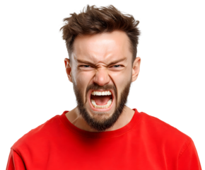 Angry man screaming in a red shirt with a beard on a black background, expressing extreme emotions and distress with intense expression.