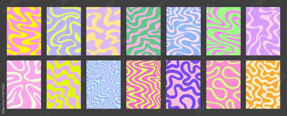 Poster abstract geometric posters set. cool groovy placards vector design. y2k trippy wavy textures collect