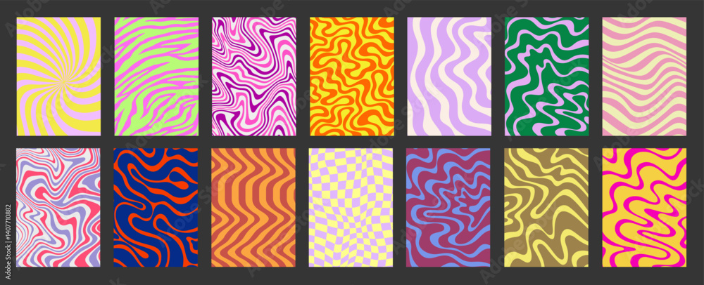 Poster abstract geometric posters set. cool groovy placards vector design. y2k trippy wavy textures collect