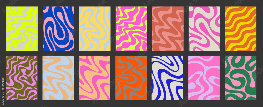 Poster abstract geometric posters set. cool groovy placards vector design. y2k trippy wavy textures collect