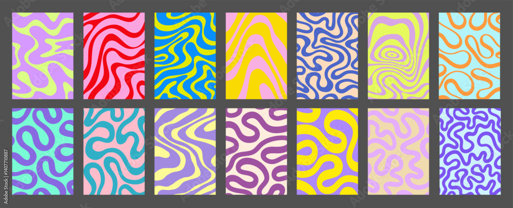 Aufkleber abstract geometric posters set. cool groovy placards vector design. y2k trippy wavy textures collect