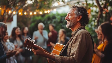 Obraz premium A musician playing a guitar at a small gathering with people clapping and smiling in harmony