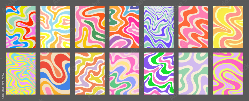 Poster Abstract Geometric Colorful Posters Set. Cool Groovy Placards Vector Design. Y2k Bright Trippy Wavy Textures Collection. Playful Funny Covers.