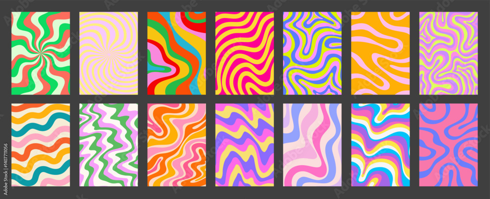 Poster abstract geometric colorful posters set. cool groovy placards vector design. y2k bright trippy wavy 