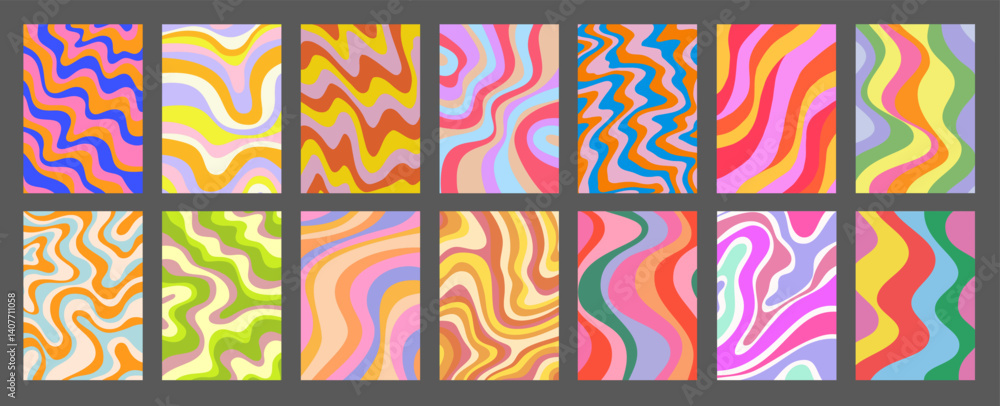 Aufkleber abstract geometric colorful posters set. cool groovy placards vector design. y2k bright trippy wavy 