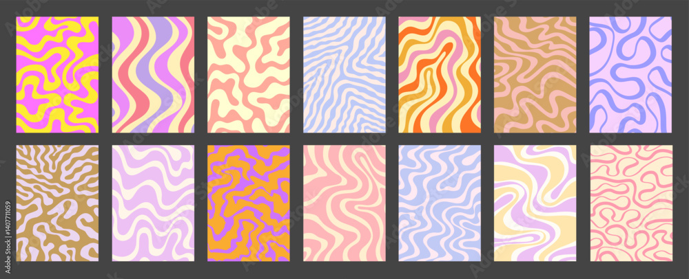 Aufkleber Abstract Geometric Colorful Posters Set. Cool Groovy Placards Vector Design. Y2k Bright Trippy Wavy Textures Collection. Playful Funny Covers.