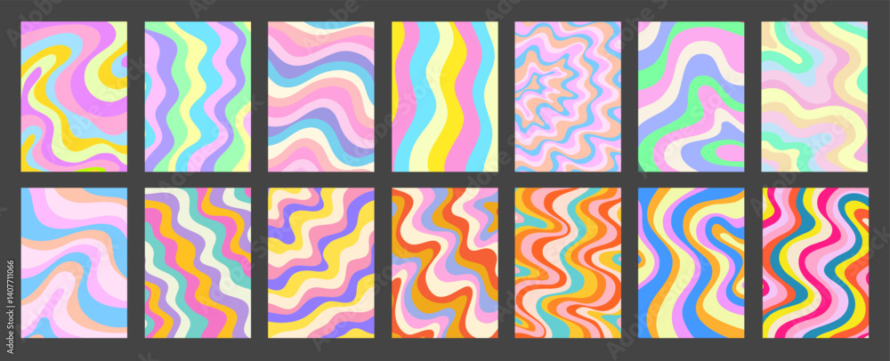 Poster Abstract Geometric Colorful Posters Set. Cool Groovy Placards Vector Design. Y2k Bright Trippy Wavy Textures Collection. Playful Funny Covers.