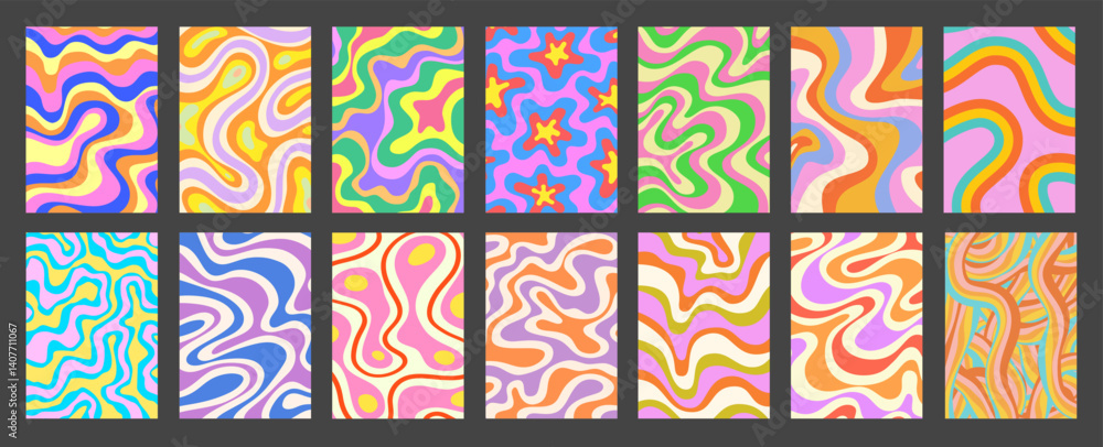 Poster Abstract Geometric Colorful Posters Set. Cool Groovy Placards Vector Design. Y2k Bright Trippy Wavy Textures Collection. Playful Funny Covers.