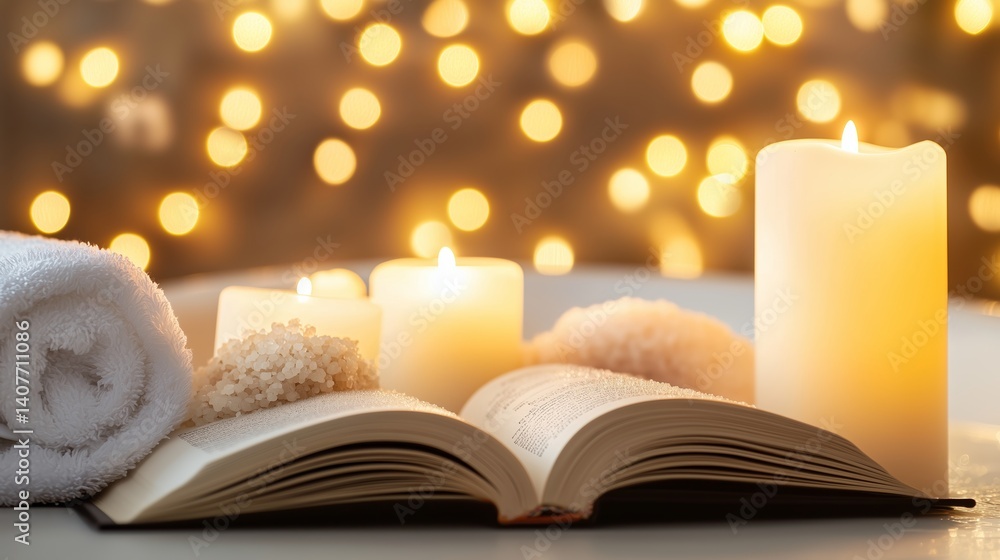 Poster relaxing spa setup with candles, bath salts, and an open book enhancing tranquility in a softly lit 