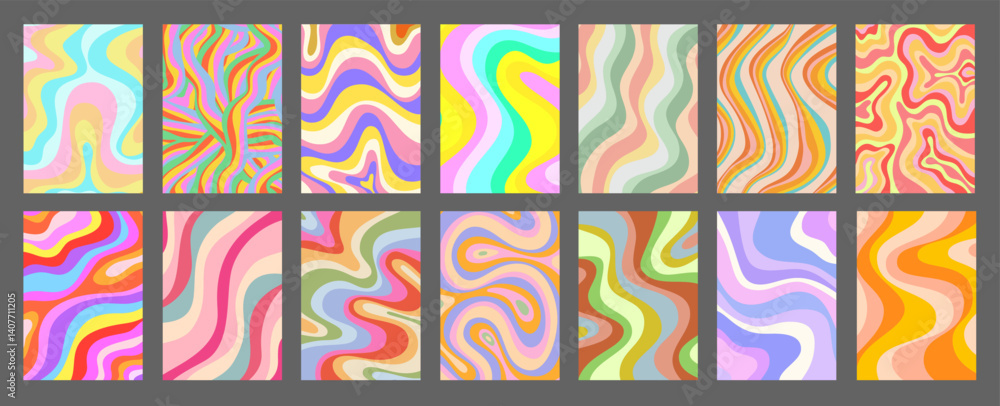 Aufkleber Abstract Geometric Colorful Posters Set. Cool Groovy Placards Vector Design. Y2k Bright Trippy Wavy Textures Collection. Playful Funny Covers.