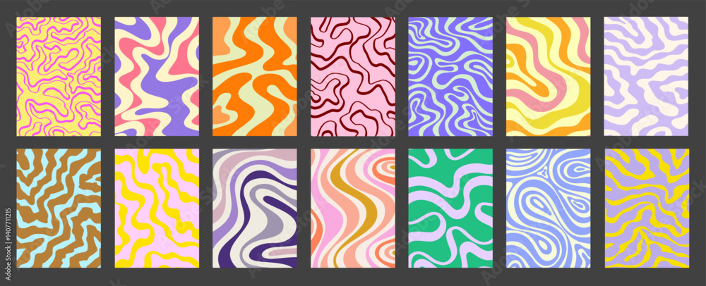 Aufkleber abstract geometric colorful posters set. cool groovy placards vector design. y2k bright trippy wavy 