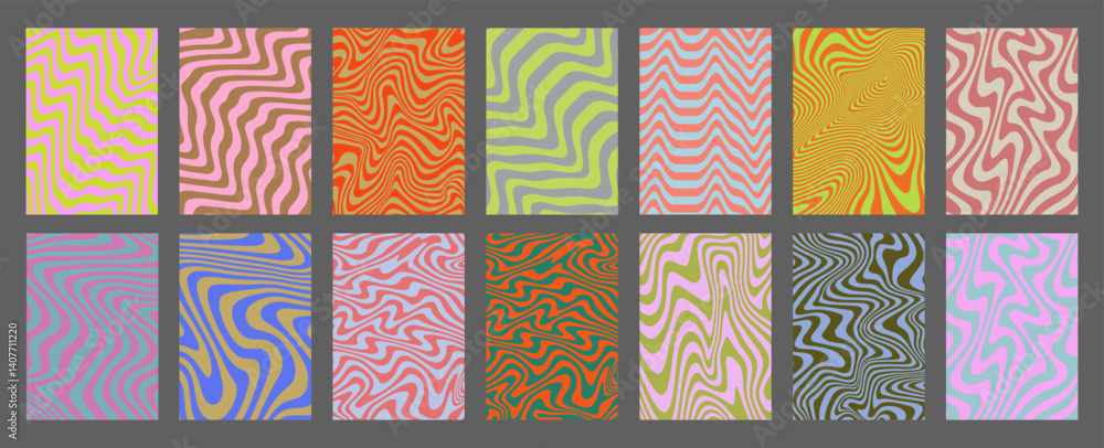 Poster cool acid geometric wavy lines texture set. trippy y2k psychedelic stripes vector design. optical il