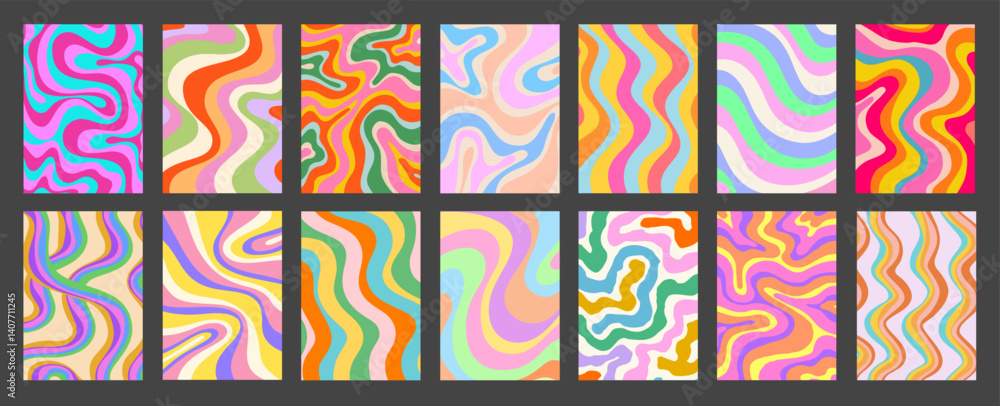 Aufkleber abstract geometric colorful posters set. cool groovy placards vector design. y2k bright trippy wavy 