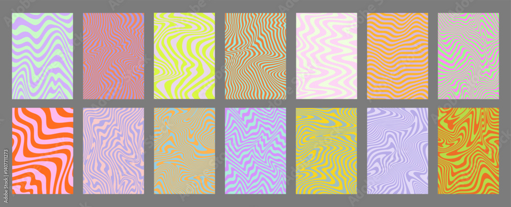 Aufkleber Cool Acid Geometric Wavy Lines Texture Set. Trippy Y2k Psychedelic Stripes Vector Design. Optical Illusion Art Covers Collection.