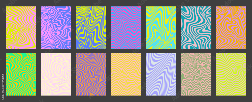 Poster cool acid geometric wavy lines texture set. trippy y2k psychedelic stripes vector design. optical il