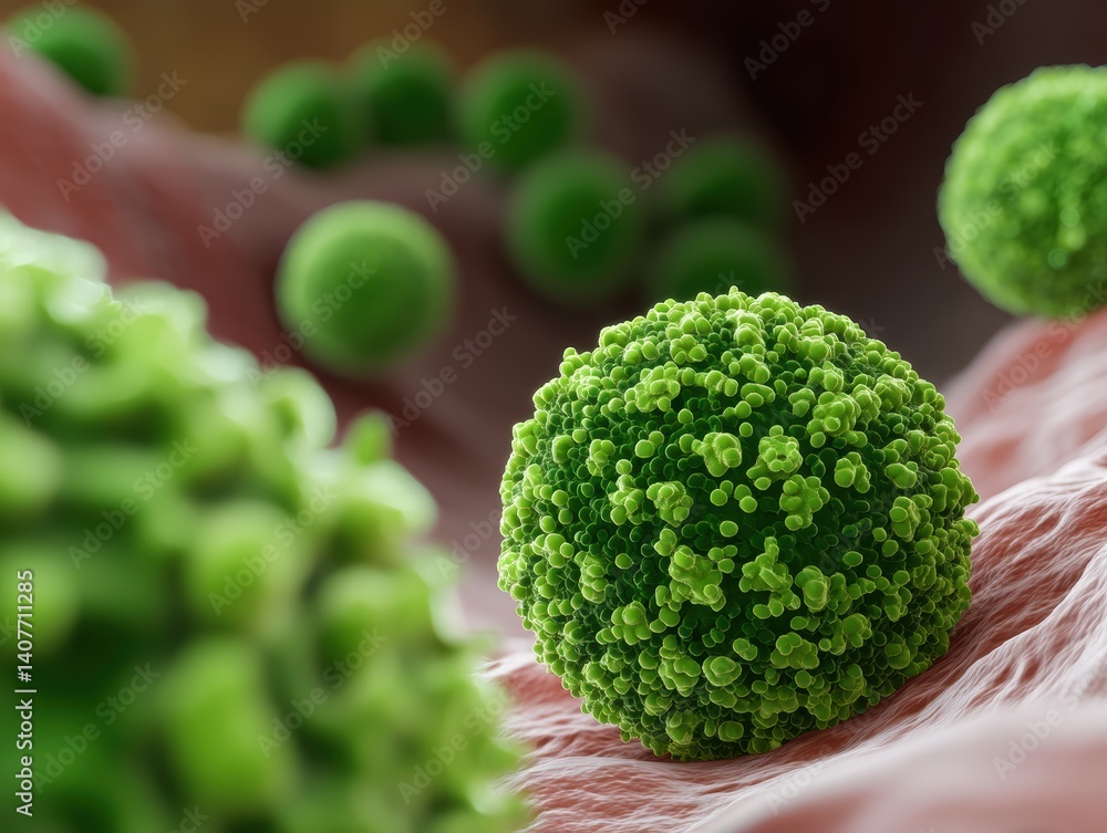 Poster a close-up view of green, spherical microorganisms on a textured surface, highlighting intricate det