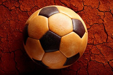 Soccer ball resting on cracked earth surface after rain, showcasing natural patterns and textures