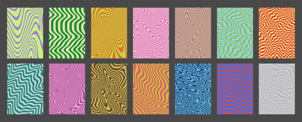 Cool Acid Geometric Wavy Lines Texture Set. Trippy Y2k Psychedelic Stripes Vector Design. Optical Illusion Art Covers Collection.