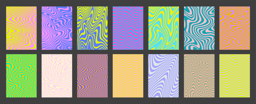 Cool Acid Geometric Wavy Lines Texture Set. Trippy Y2k Psychedelic Stripes Vector Design. Optical Illusion Art Covers Collection.