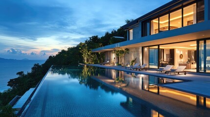 Fototapeta premium Villa at dusk with a luxurious setting and elegant design