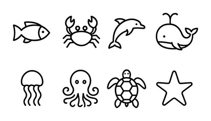 Simple black and white marine animal icons with fish, crab, dolphin, whale, jellyfish, octopus, turtle, starfish.
