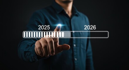 Person touching a progress bar showing 2025 moving towards 2026 on dark background.