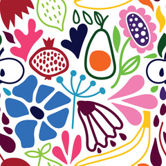 Vector Seamless Pattern with Fruits and Flowers.