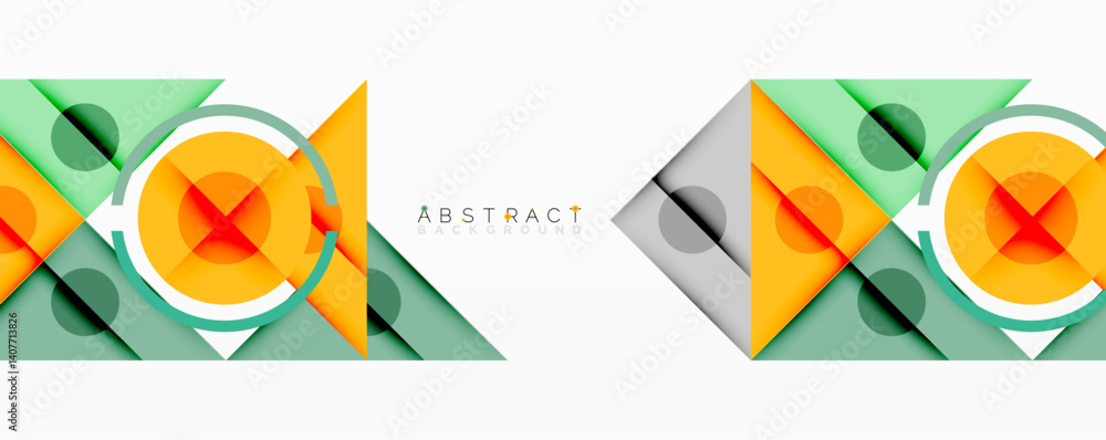Poster geometric shapes overlap creating modern design. orange, green, gray colors dominate composition. mi