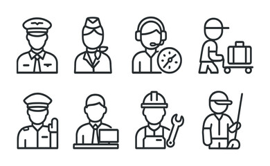Fototapeta premium Outline icons of various occupations: pilot, flight attendant, customer service, baggage handler, sailor, businessman, mechanic, janitor.