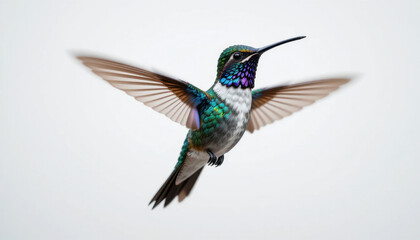 Fototapeta premium Detailed Close-Up of a Small Hummingbird Flying on White