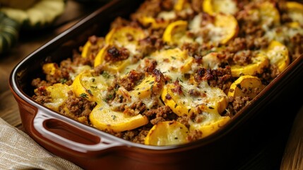 A delicious baked dish featuring golden cheese and colorful ingredients, presented in a rustic dish, inviting appetite.