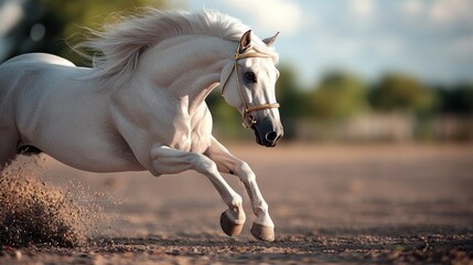 Running palomino horse in a field at sunset