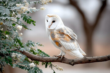 A white owl perched on a tree branch, surrounded by delicate blossoms