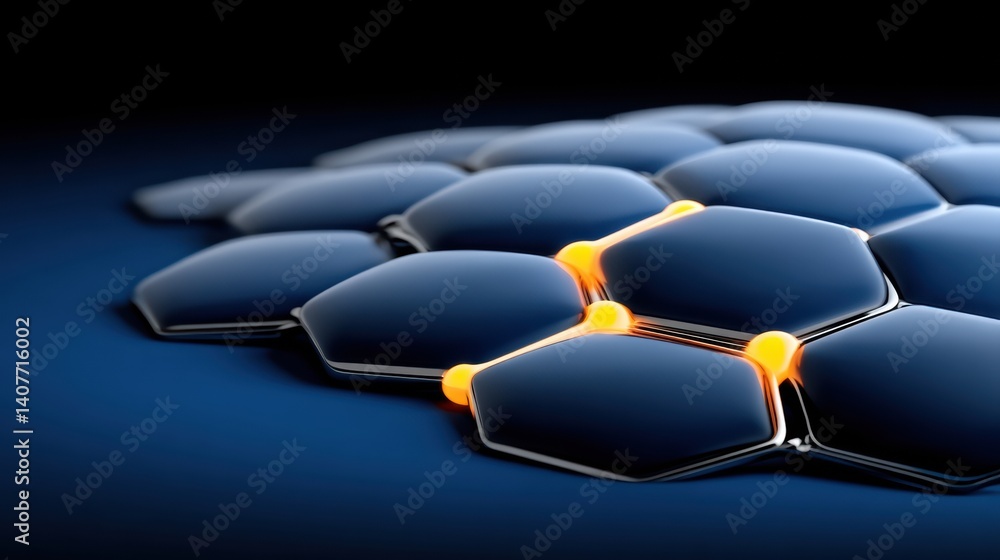 Poster a close-up of hexagonal shapes with a glossy surface, showcasing a blend of dark colors and bright h