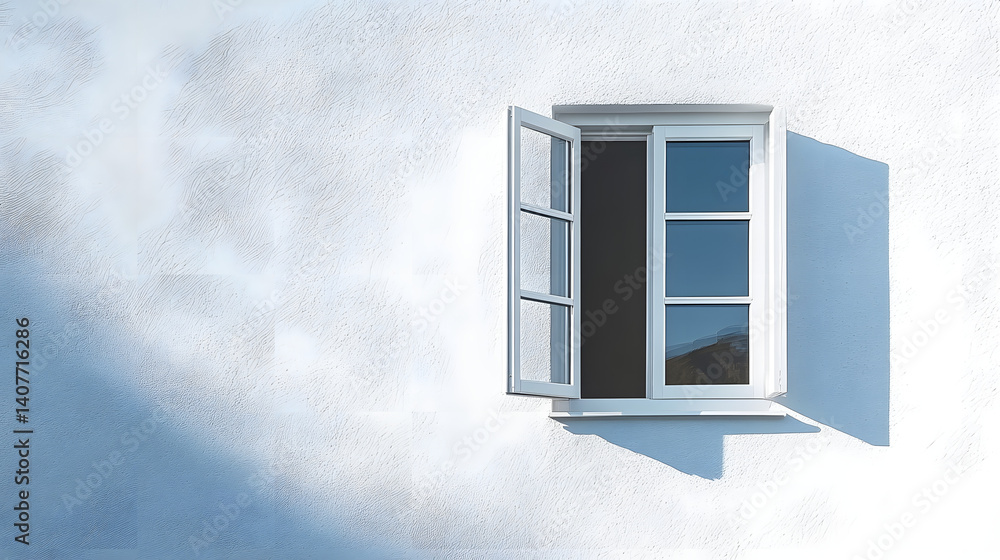 Poster white window on a wall, white wall of a house with an open window from the inside