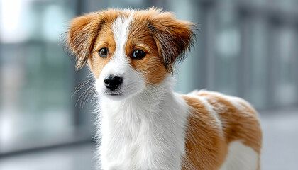 Fototapeta premium Adorable fluffy brown and white puppy portrait