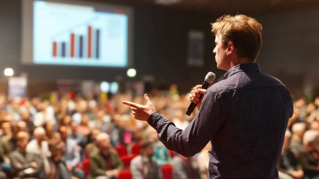 Businessman Engages Large Audience During Presentation on Stage Generative AI