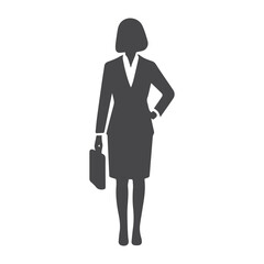A simple, black silhouette of a woman in business attire, holding a briefcase.