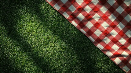 Classic red and white checkered picnic blanket on vibrant green grass