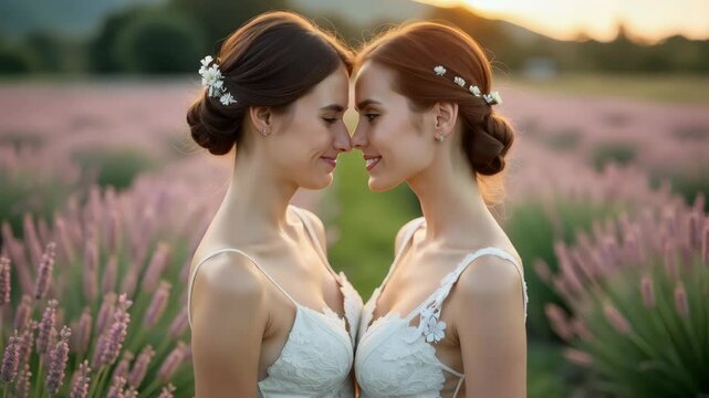 Smiley face brides in lavender field.