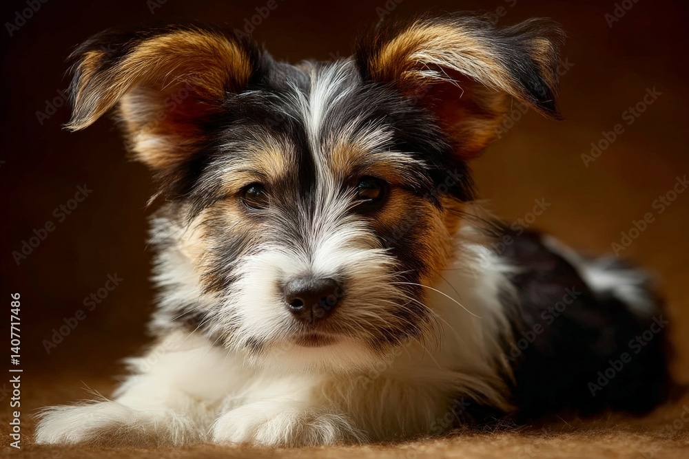 Poster playful puppy resting on a soft surface in a warm indoor setting during afternoon light