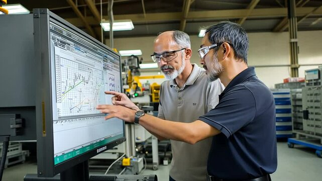 High-Tech Manufacturing Facility with Engineer and CTO Reviewing Data