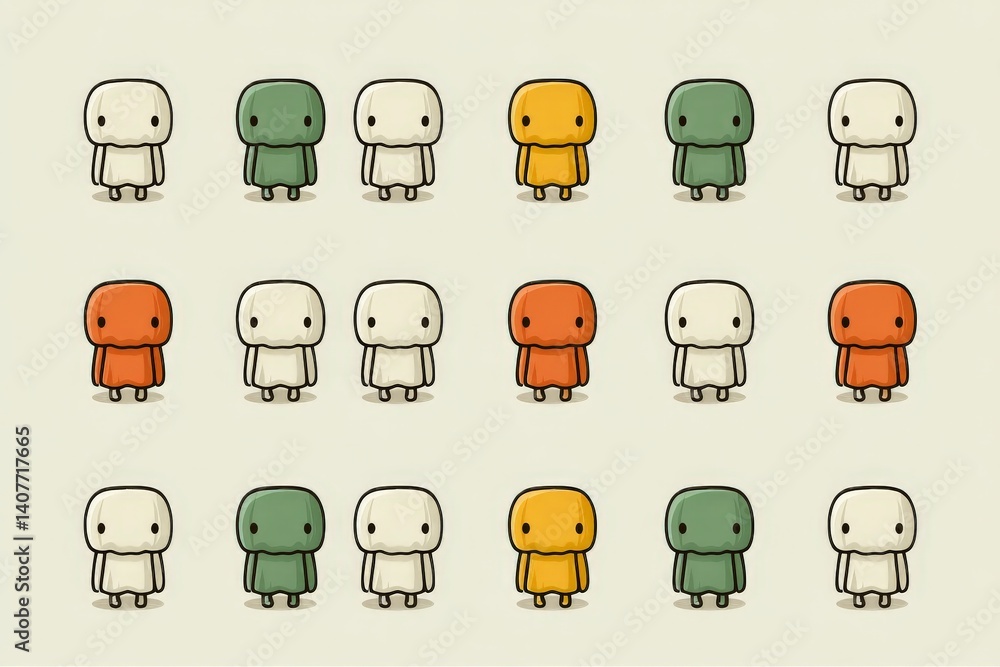 Poster cute characters in a grid formation featuring various colors and expressions on a light background