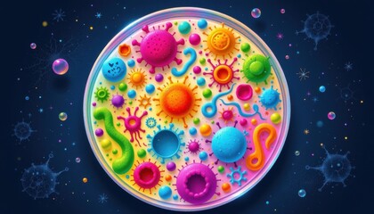 Fototapeta premium Colorful Petri Dish Illustrate a petri dish filled with vibrant organic shapes resembling cells or bacteria, combining color and texture for visual interest.