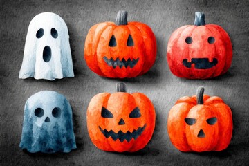 Colorful collection of Halloween pumpkins and ghosts displayed in festive arrangement for autumn celebration